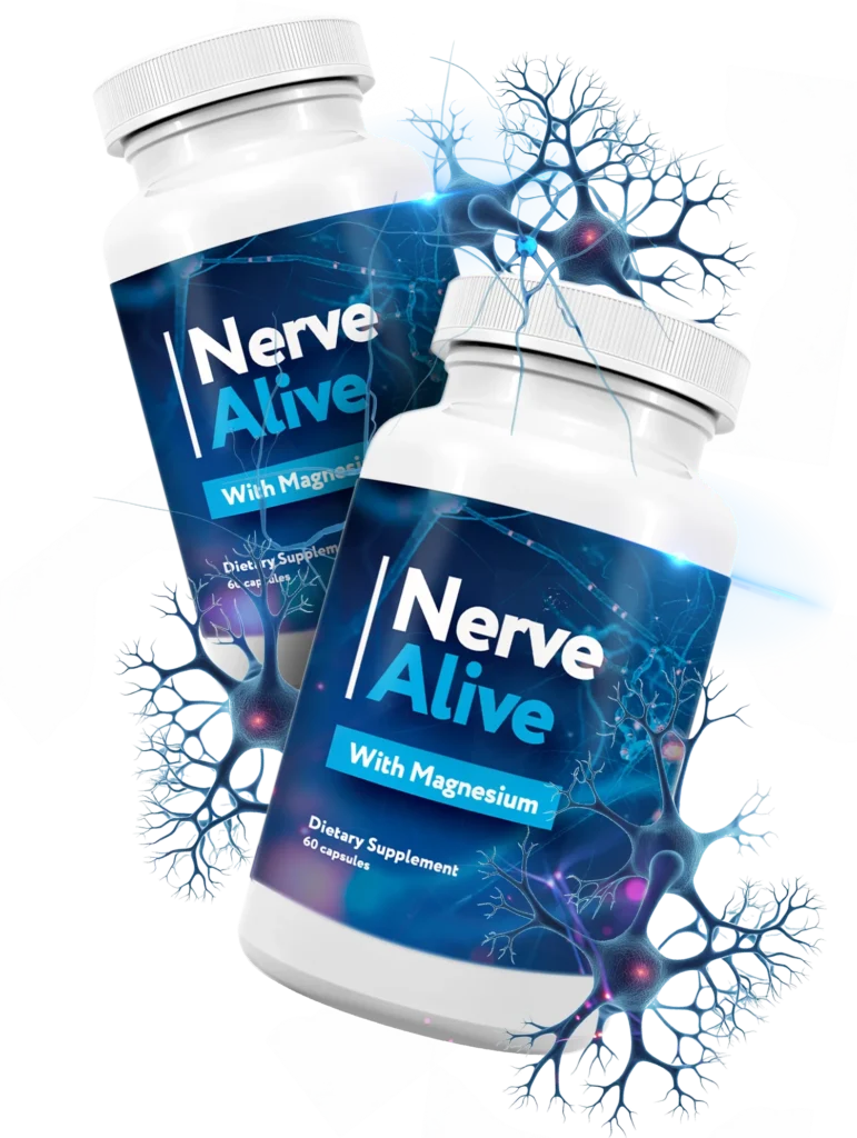 Reclaim nerve health naturally with Nerve Alive supplement bottles and a happy person showing mobility.